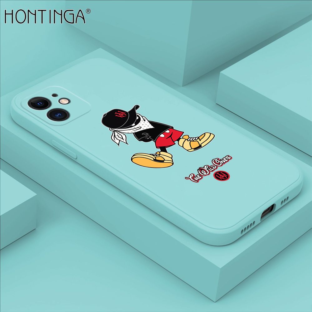 Hontinga for iPhone 12 Case Cartoon Masked Mouse Phone Case Soft Square Edge Silicone Cases Full Lens Cover Shockproof Protection Cover