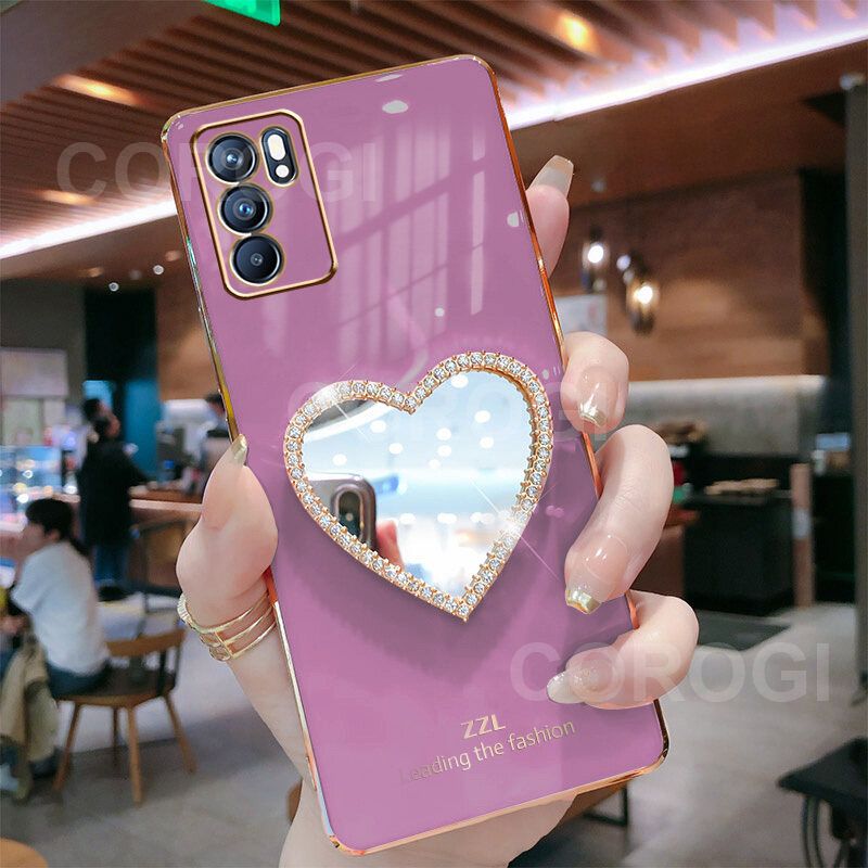 For OPPO A16 Cover with Makeup Mirror Shiny Plating Square Bumper Girls Phone Case Soft TPU Silicone Shockproof Protective Back Cover