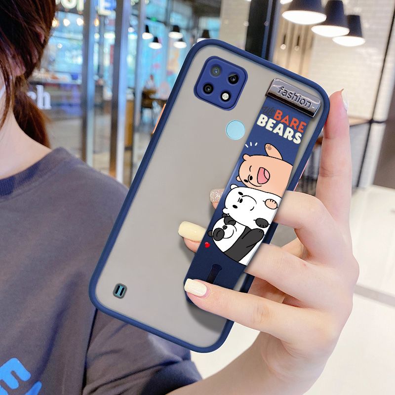 UCUC for Realme C21 Wrist Strap Case Cute Cartoon Three Little Bears Wristband Printing Cover Shockproof Frosted Phone Case