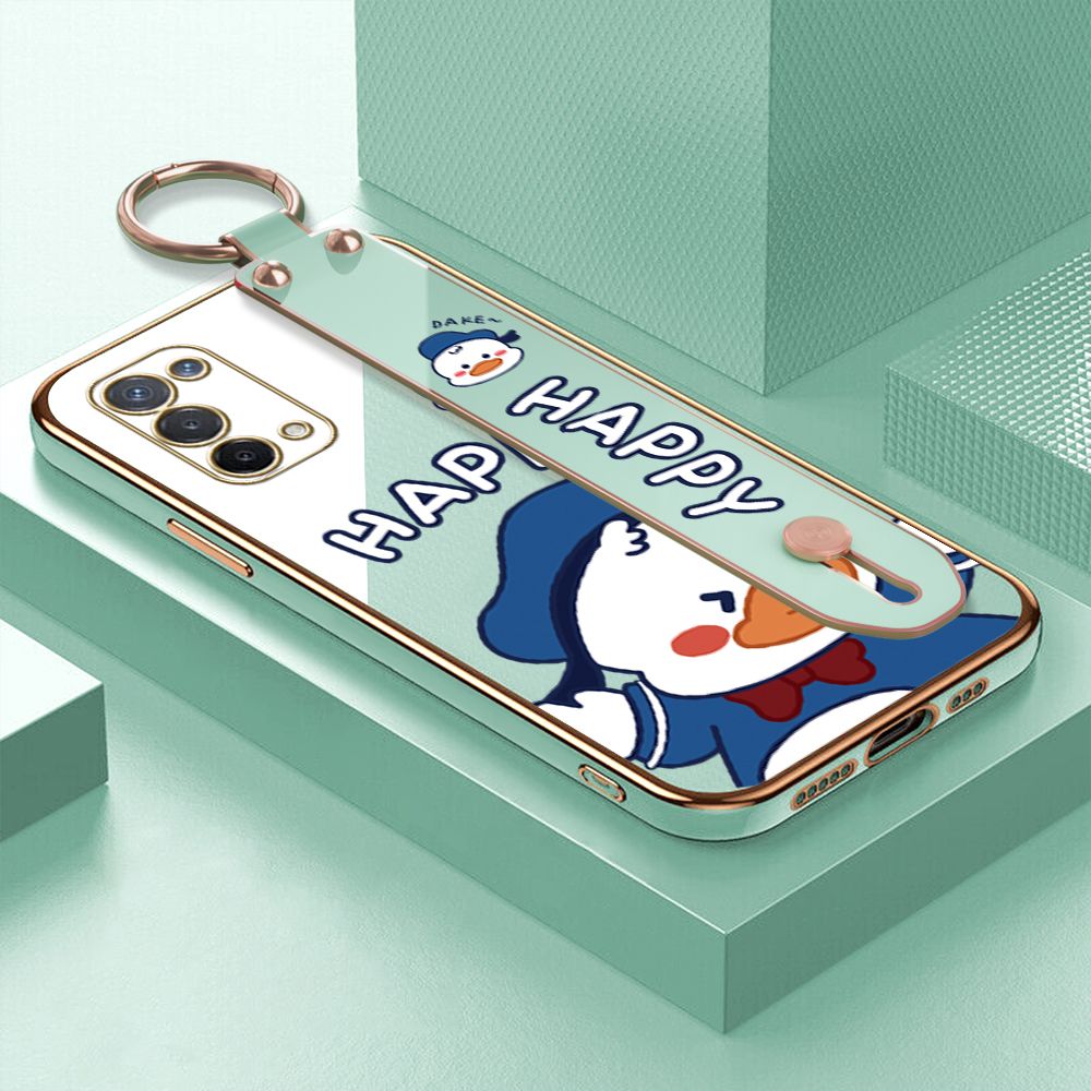 TA for OPPO A74 5G Wrist Strap Back Cover Cute Duck Fashion Luxury 6D Plating Soft Casing Silicone Square Frame Phone Case