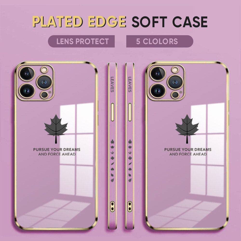 Luxury 6D Plating Case for iPhone 12 Pro Max Phone Cases Maple Leaf Side Print Soft Silicone Square Back Cover