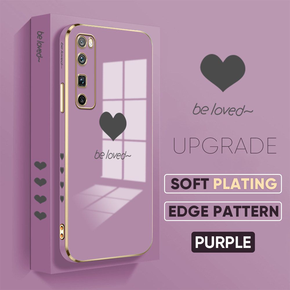 Jizetin (Free Lanyard) Huawei Nova 7 Pro Luxury 6D Plating Soft Casing Silicone Square Frame Phone Case Shiny Bling Back Cover New Lover Heart New design Side Drawing Case