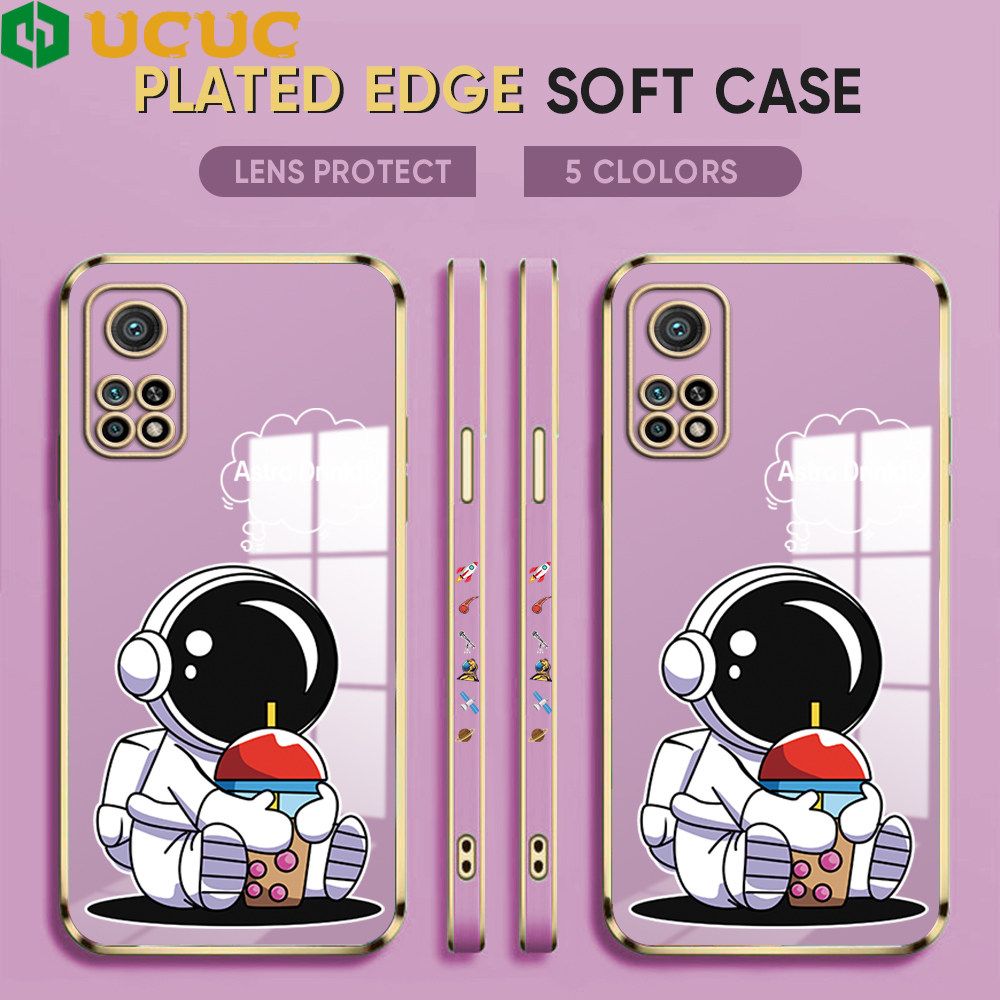 UCUC for Xiaomi 10T Pro / 10T Back Cover + Free Lanyard Cute Astronaut Luxury 6D Plating Case Side Pattern Soft Silicone Square Phone Cases