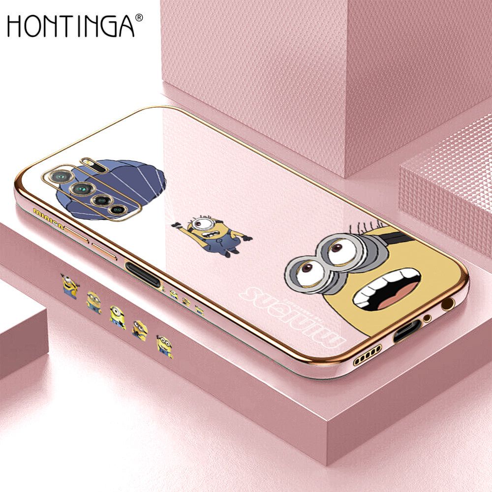 Hontinga for Huawei Nova 7 SE Back Cover + Free Lanyard Luxury 6D Plating Yellow Cartoon Character Pattern Case Soft Silicone Square Phone Cases