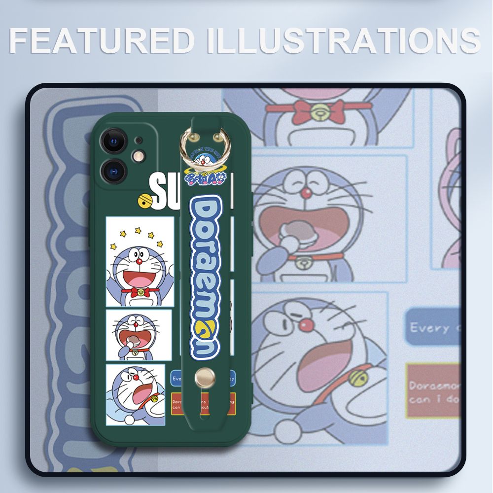 UCUC for iPhone 11 Wrist Strap Case Creative Cartoon Doraemon's Daily Life Cover Ultra Thin Anti Fall Liquid Silicone Phone Case