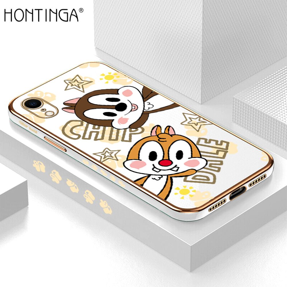 Hontinga for iPhone XR Back Cover + Free Lanyard Luxury 6D Plating Cute Cartoon Rat Side Pattern Case Soft Silicone Square Phone Cases