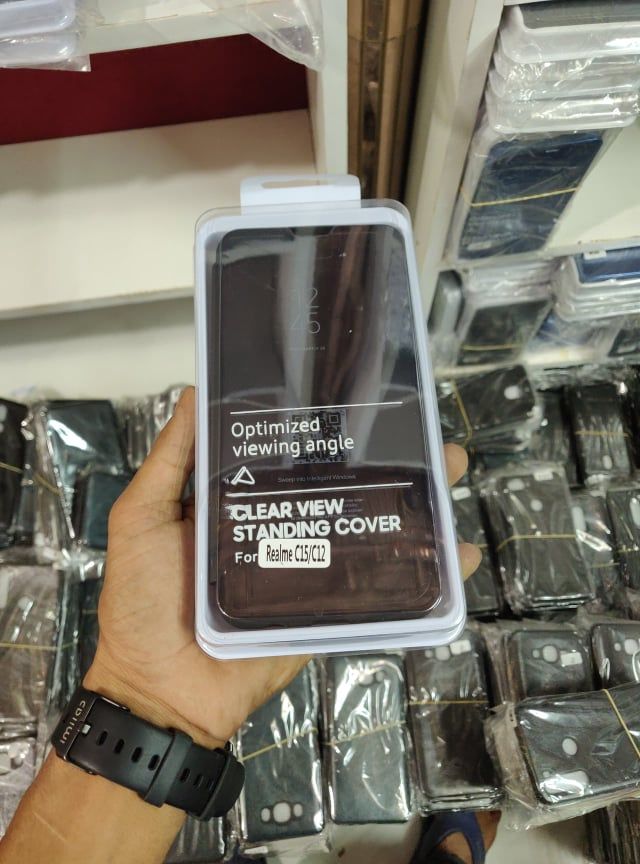 FOR REAL ME C12/C15 Clear View Mirror Leather Standing Glass Flip Cover