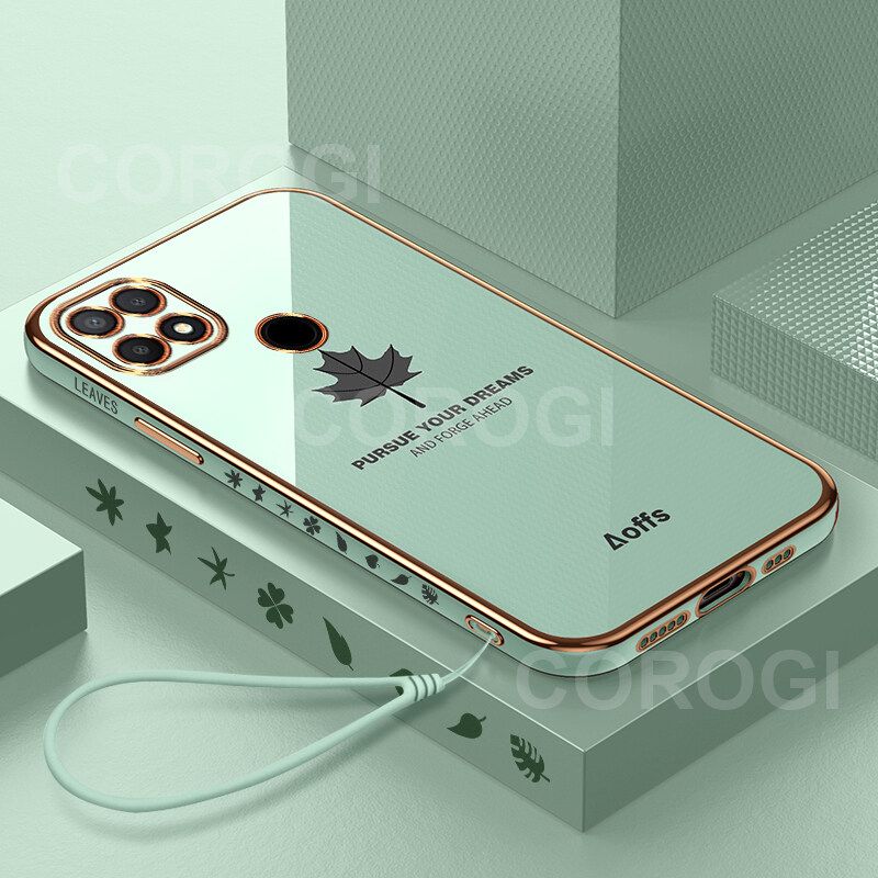 For Xiaomi POCO C31 Back Cover + Wrist Strap Fashion Shiny Maple leaf Plating Square Bumper Phone Case Soft TPU Silicone Shockproof Protective Cover