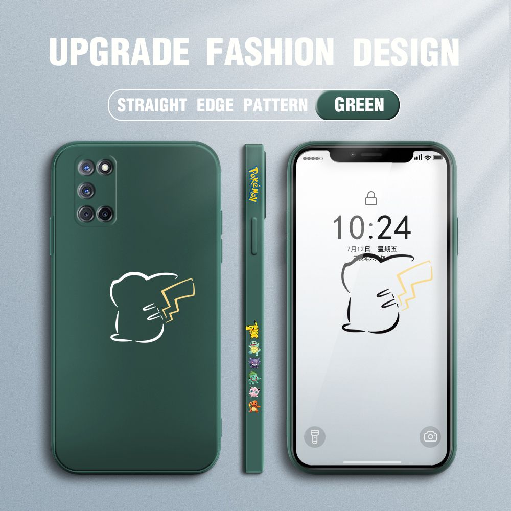 Jizetin for OPPO A52 / A92 Case New Pikachu Pokémon Design Side Design Phone Case Square Edge Pattern Liquid Silicone Cases Full Cover Camera Soft Protection Case