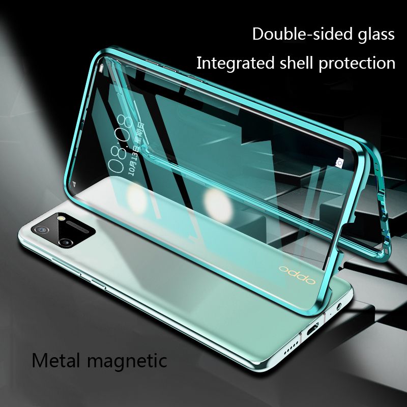 Biruiqu For Realme C11 Magnetic Absorption Case Metal Frame Shockproof Double Sided Tempered Glass Magnetic Case Cover