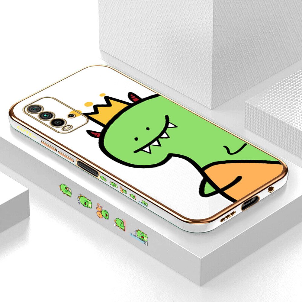 Luxury 6D Plating Case for Redmi 9T Cute Little Dinosaur Side Pattern Back Cover Soft Silicone Square Frame Shiny Bling Phone Cases + Free Lanyard