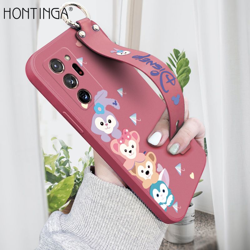 Hontinga for Samsung Galaxy Note 20 Ultra Wrist Strap Case INS Cute Style Creative Cartoon Rabbit and Fox Cover Thin Square Edge Liquid Silicone Phone Case