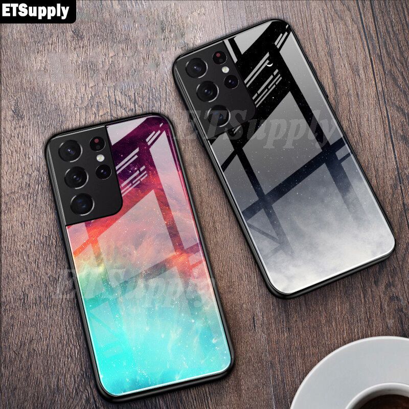For Samsung Galaxy S22 Ultra Phone Case Cover Starry Galaxy Moon Design Protective Back Tempered Glass Couple Cover For Galaxy S22 Ultra Cases Back Cover