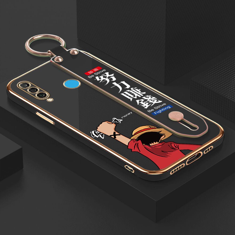 TA for Huawei P30 Lite / Nova 4E Wrist Strap Back Cover Struggle Luffy Fashion Luxury 6D Plating Soft Casing Silicone Square Frame Phone Case