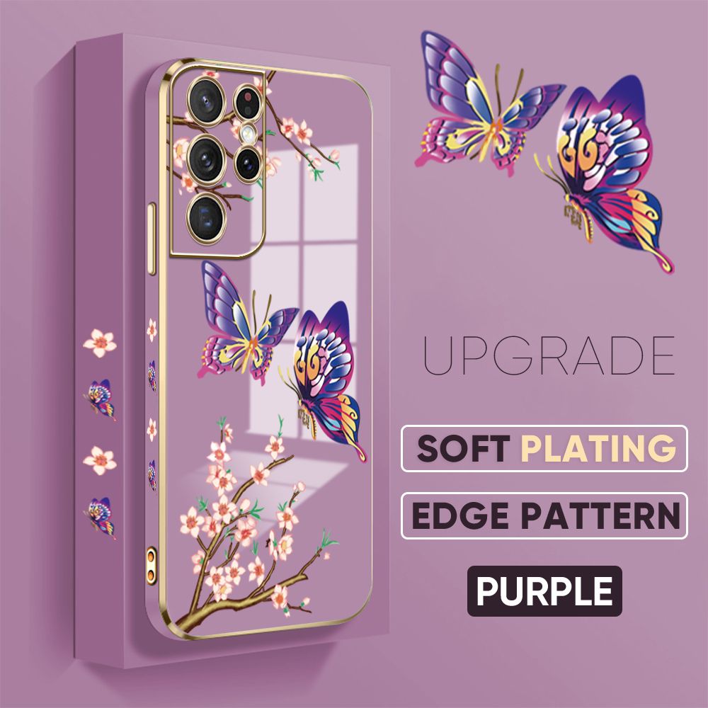 Jizetin (Free Lanyard) Samsung Galaxy S21 Ultra 5G Back Cover Peach Blossom and Butterfly Luxury 6D Plating Case Side Pattern Soft Silicone Square Mobile Phone Cases