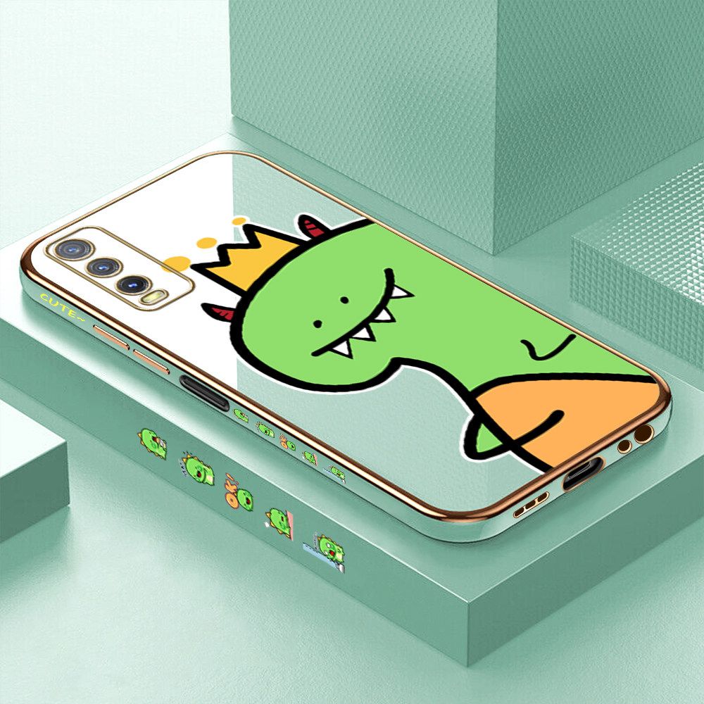 Luxury 6D Plating Case for Vivo Y20SG Cute Little Dinosaur Side Pattern Back Cover Soft Silicone Square Frame Shiny Bling Phone Cases + Free Lanyard