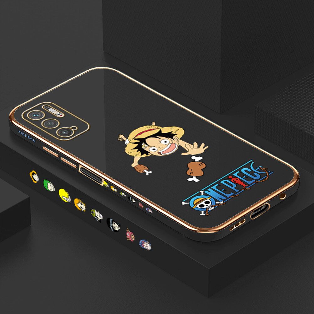 Luxury 6D Plating Case for Xiaomi Poco M3 Pro Gluttonous Cartoon Luffy Side Pattern Back Cover Soft Silicone Square Frame Shiny Bling Phone Cases + Free Lanyard