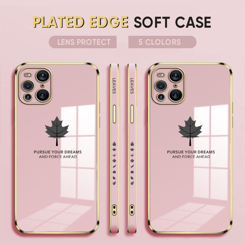 Luxury 6D Plating Case for OPPO Find X3 Phone Cases Maple Leaf Side Print Soft Silicone Square Back Cover