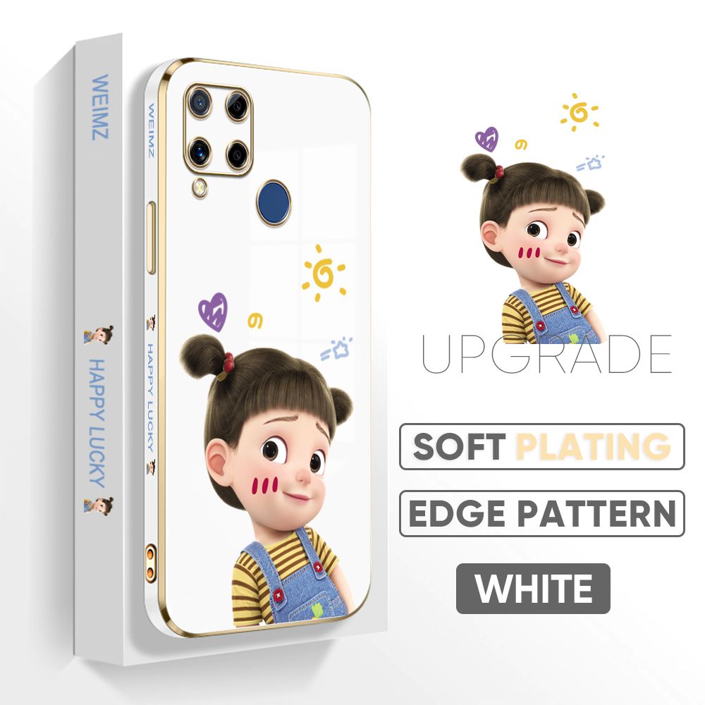 TA for Realme C15 / Realme C15 Qualcomm Edition Back Cover + Free Lanyard Naughty Girl Luxury 6D Plating Case Side Pattern Soft Silicone Square Phone Cases