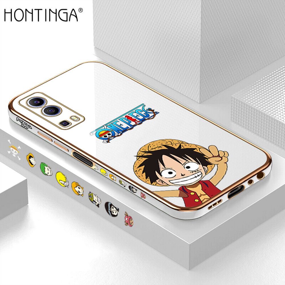 Hontinga for Vivo Y52 5G Back Cover + Free Lanyard Luxury 6D Plating Anime Cartoon Happy Luffy Side Pattern Case Soft Silicone Square Mobile Cover