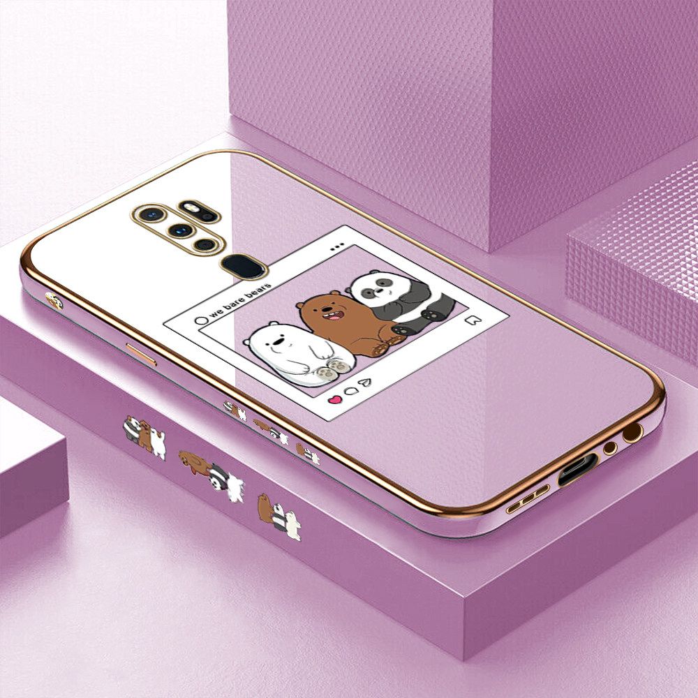 Luxury 6D Plating Case for OPPO A5 2020 Cute Cartoon Anime Bears Side Pattern Back Cover Soft Silicone Square Frame Shiny Bling Phone Cases + Free Lanyard
