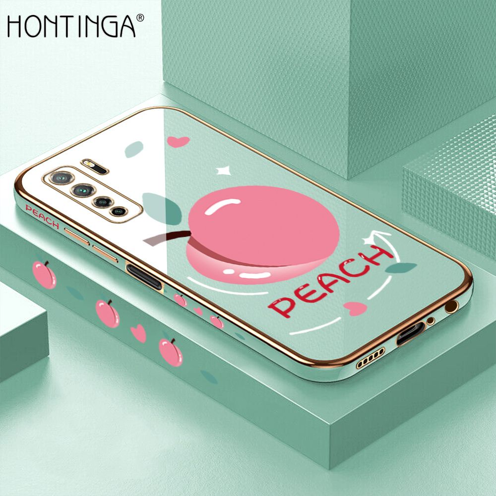 Hontinga for Huawei Nova 7 SE Case Luxury 6D Plating Soft Casing Silicone Square Frame Phone Cover Shiny Bling Side Print Cartoon Simple Peach Cases
