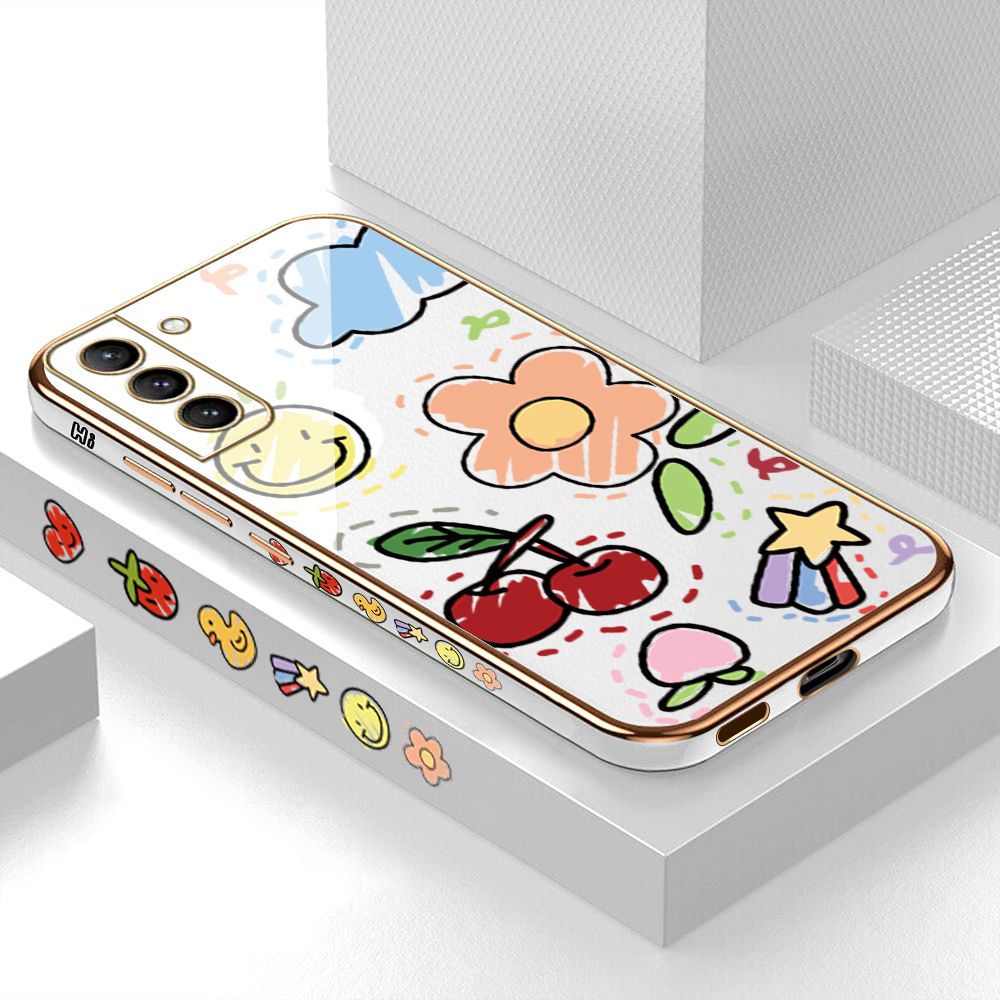 Luxury 6D Plating Case for Samsung S21 Plus 5G Color Cartoon cherry Peach Side Pattern Back Cover Soft Silicone Square Frame Shiny Bling Phone Cases + Free Lanyard