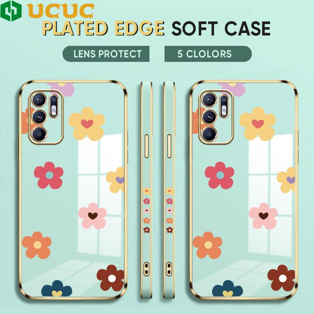 UCUC for OPPO Reno6 Back Cover + Free Lanyard INS Style Flower Luxury 6D Plating Case Side Pattern Soft Silicone Square Phone Cases