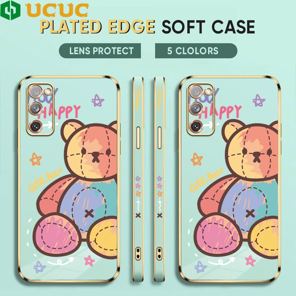 UCUC for Samsung Galaxy S20 FE S20FE 5G Back Cover + Free Lanyard Colorful Muppet Bear Luxury 6D Plating Case Side Pattern Soft Silicone Square Phone Cases