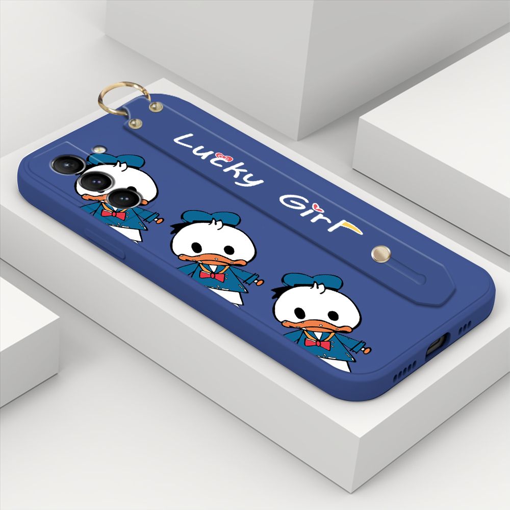 ZeroQiQi for Samsung Galaxy S21 Plus 5G Wrist Strap Case Cute Cartoon Little Duck Phone Case Square Edge Liquid Silicone Case Full Cover Camera Shockproof Protective Cases