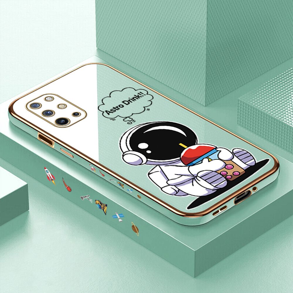 Luxury 6D Plating Case for OnePlus 8T Cute Cartoon Happy Astronaut Side Pattern Back Cover Soft Silicone Square Phone Cases + Free Lanyard