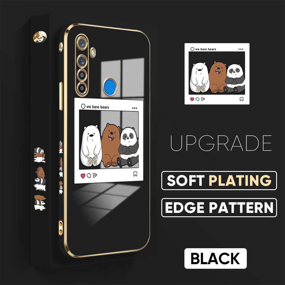 TA for Realme 5 5i 5S 6i Back Cover + Free Lanyard Bears Group Photo Luxury 6D Plating Case Side Pattern Soft Silicone Square Phone Cases