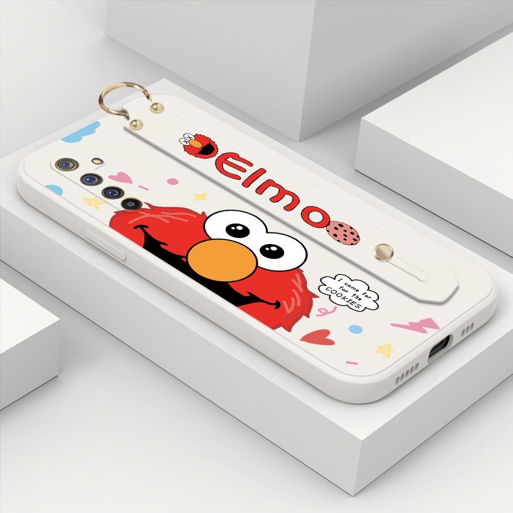 ZeroQiQi for Realme 6 Pro Wrist Strap Case Cute Cute Cartoon Little Monster Phone Cover Square Edge Liquid Silicone Case Full Cover Camera Shockproof Protective Cases