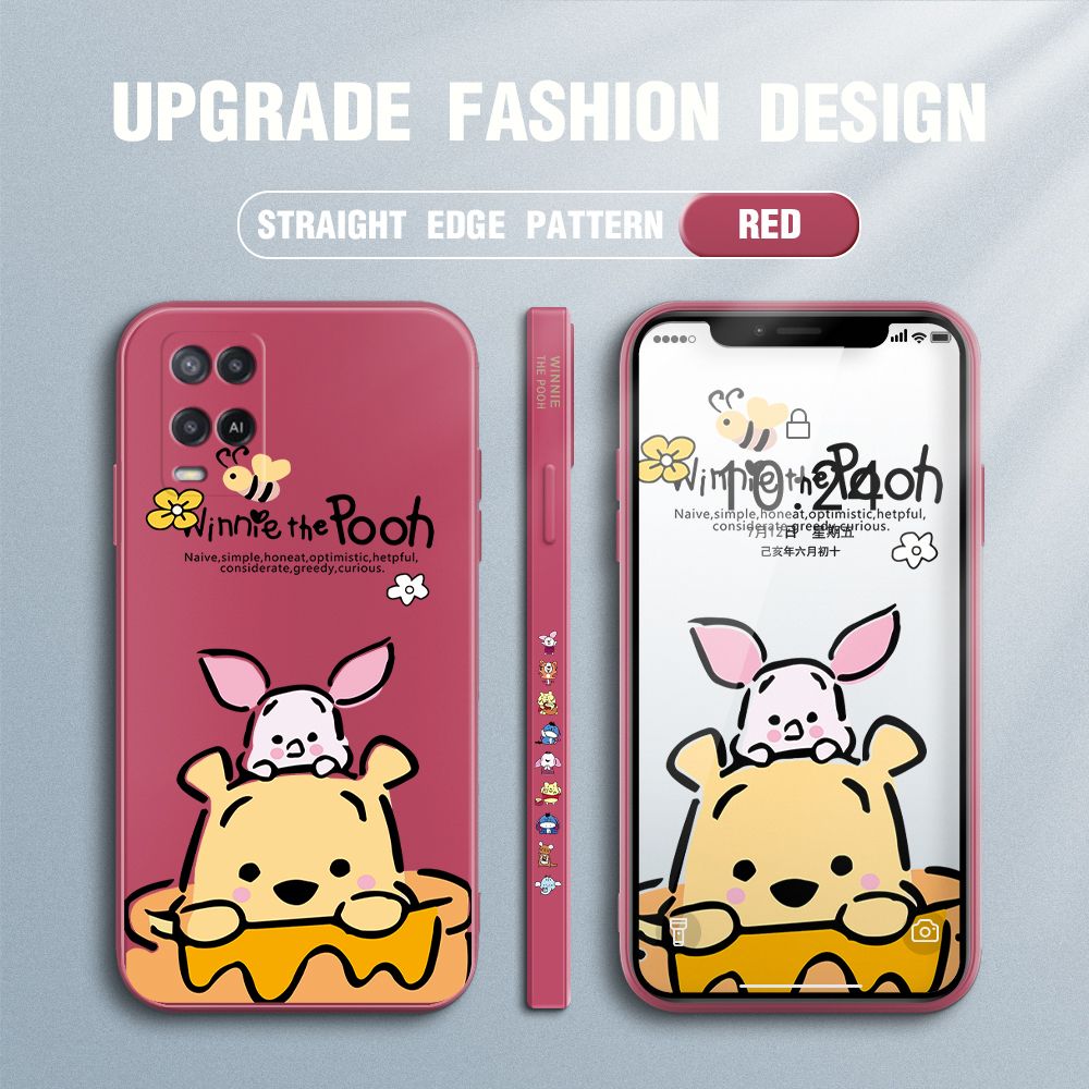 Jizetin for OPPO A54 / A54 2021 Case Side Design Phone Cover Lovely Cartoon Pooh Bear Cover Square Edge Pattern Liquid Silicone Trend Case