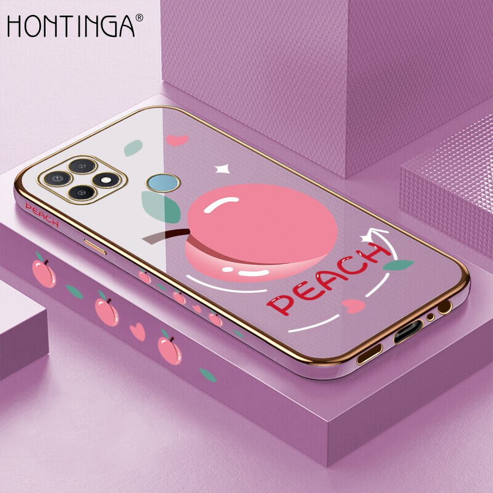 Hontinga for OPPO A15 A15S Case Luxury 6D Plating Soft Casing Silicone Square Frame Phone Cover Shiny Bling Side Print Cartoon Simple Peach Cases