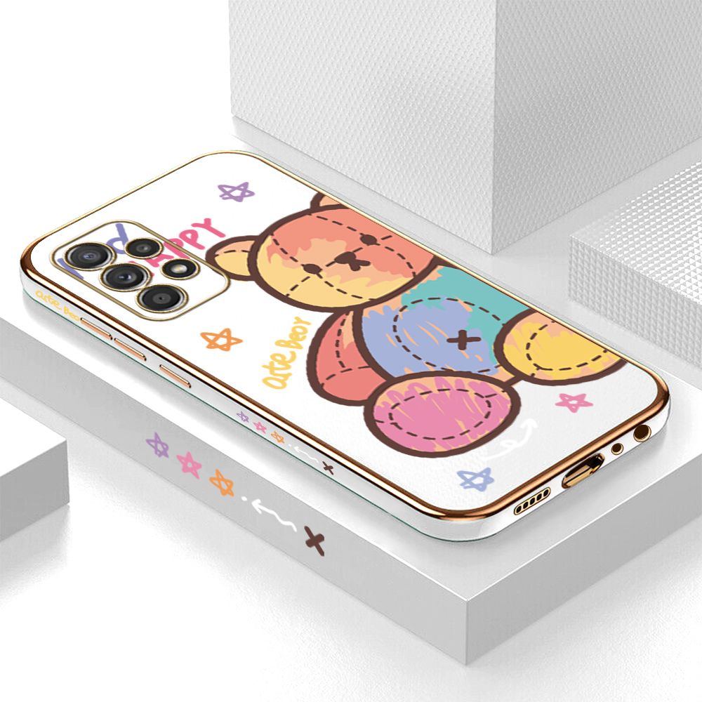 Luxury 6D Plating Case for Samsung A52S 5G Color Cartoon Doll Bear Side Pattern Back Cover Soft Silicone Square Phone Cases + Free Lanyard