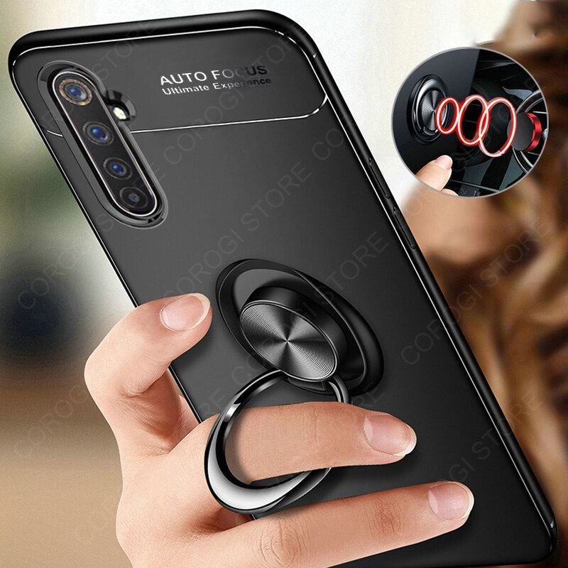 For Realme 6 Cover Shockproof Soft TPU Silicone Rubber Phone Case with Metal Finger Ring Stand Holder Magnetic Car Mount Protective Back Cover