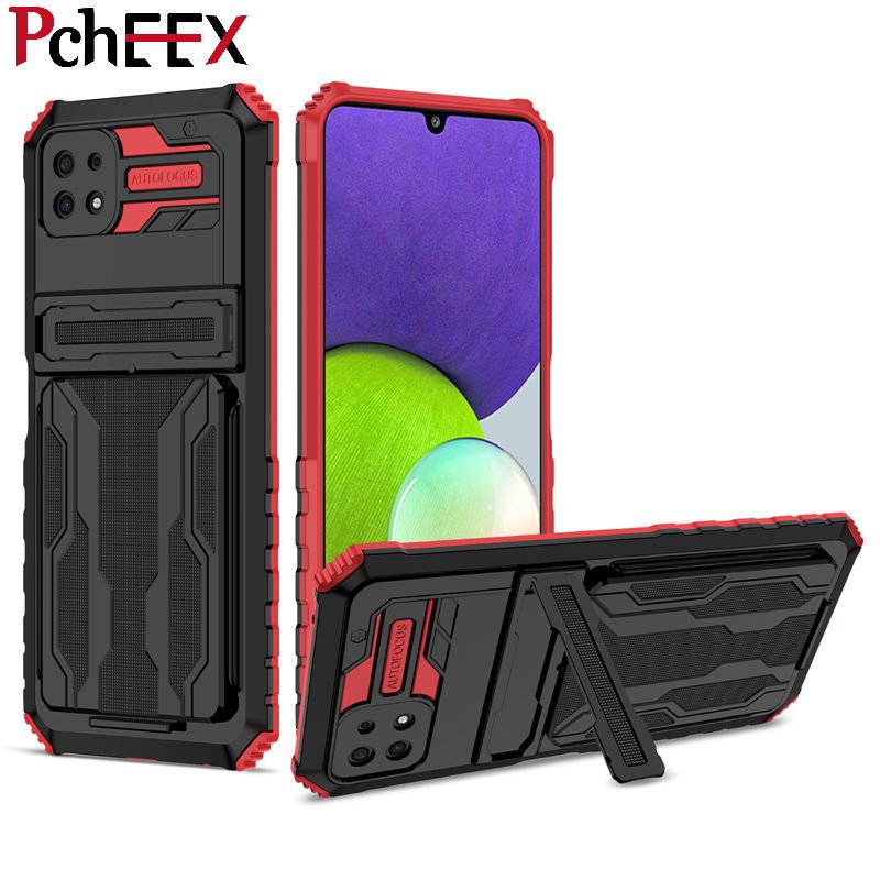 For Samsung Galaxy A22 5G Phone Case Armor Hard Military Grade Bumper Slot Card Kickstand Cover