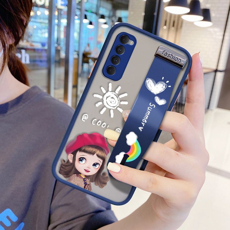 UCUC for OPPO Reno4 Pro Wrist Strap Case Lovely Cartoon Red Hat Girl Wristband Printing Cover Shockproof Frosted Phone Case
