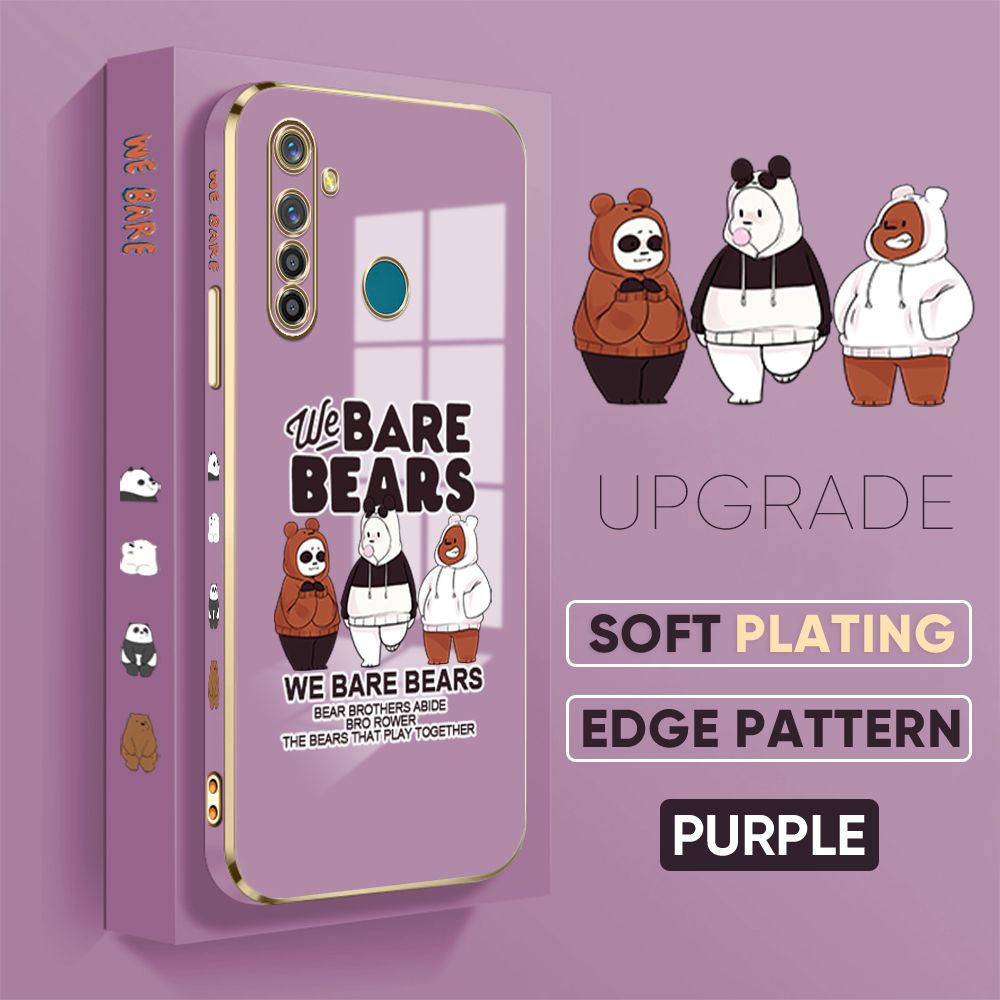 TA for Realme 5 Pro Back Cover + Free Lanyard Cute Three Bears Luxury 6D Plating Case Side Pattern Soft Silicone Square Phone Cases