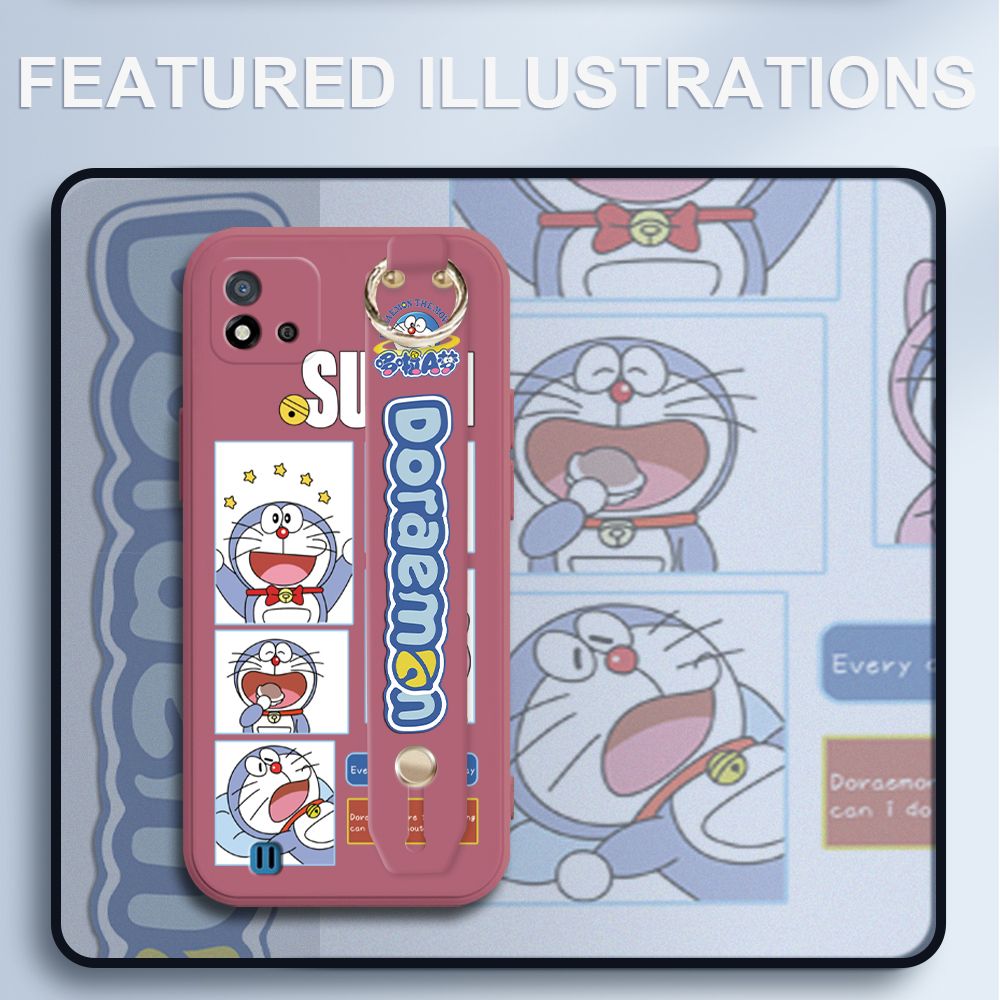UCUC for Realme C11 2021 Wrist Strap Case Creative Cartoon Doraemon's Daily Life Cover Ultra Thin Anti Fall Liquid Silicone Phone Case