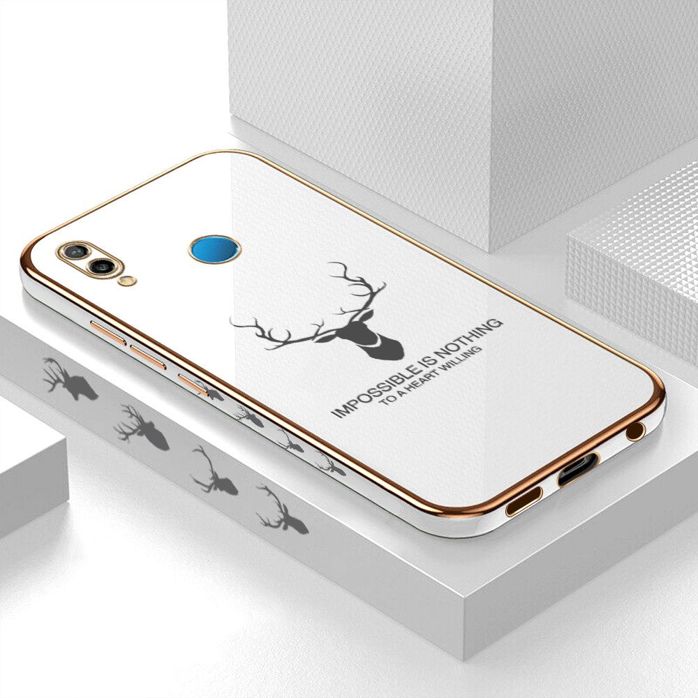 Luxury 6D Plating Case for Huawei Nova 3E Alphabet Lucky Deer Side Pattern Back Cover Soft Silicone Square Frame Shiny Bling Phone Cases + Free Lanyard
