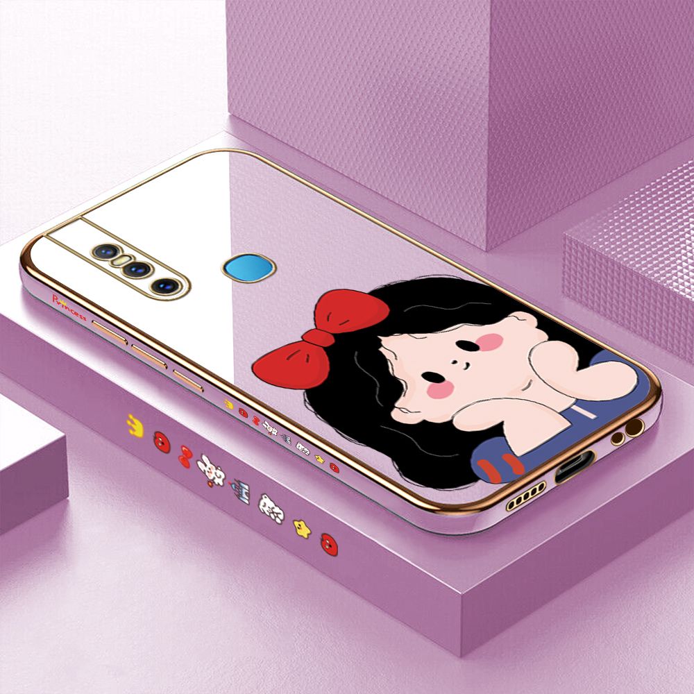 Luxury 6D Plating Case for Vivo V15 Cartoon Bow Girl Side Pattern Back Cover Soft Silicone Square Phone Cases + Free Lanyard