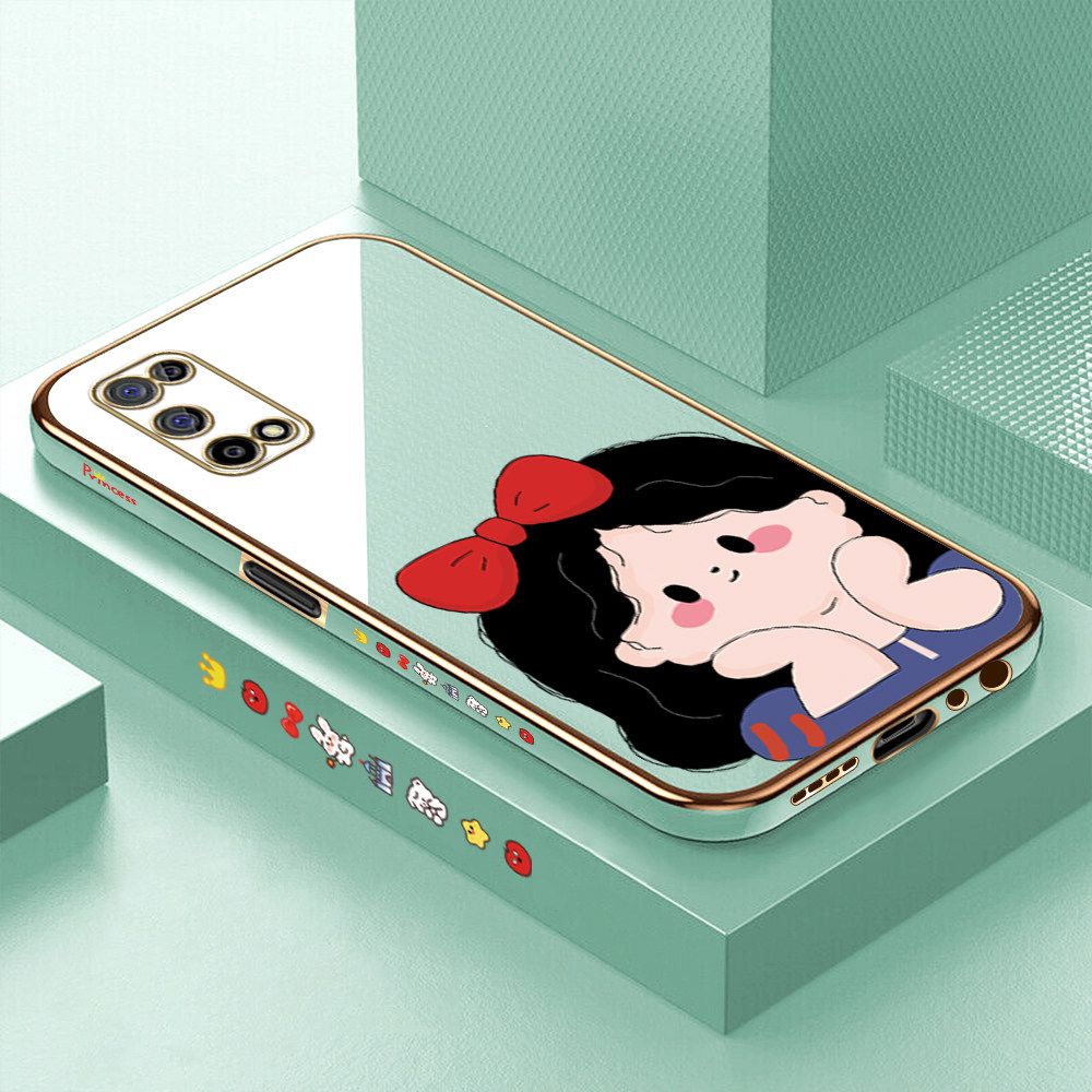 Luxury 6D Plating Soft Casing Silicone Square Frame Phone Case For Realme 7 5G Case Shiny Bling Back Cover Cartoon Cute Bow Girl Square Edge Pattern Design Soft Case + Free Lanyard