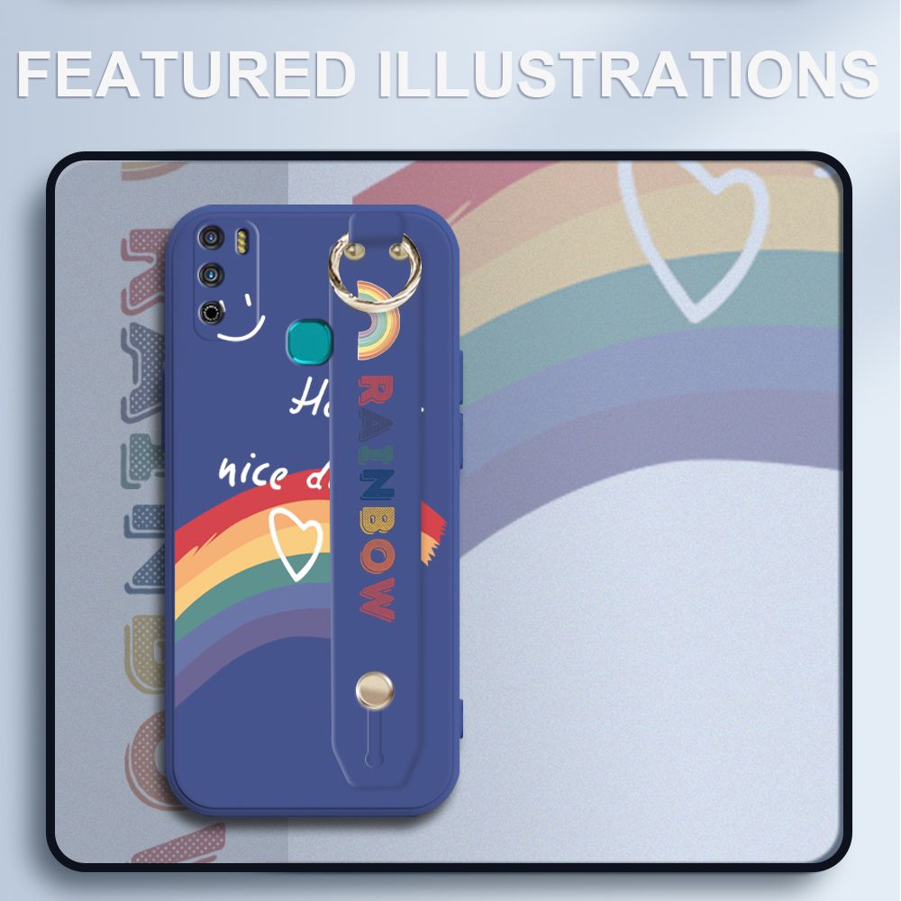 UCUC for Infinix Hot 9 Play Wrist Strap Case INS Style Smile Rainbow Cover Ultra Thin Anti Fall Liquid Silicone Phone Case