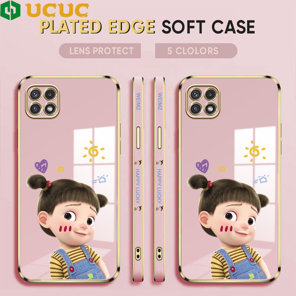 UCUC for Samsung Galaxy A22 5G Back Cover + Free Lanyard Lovely Girl Luxury 6D Plating Case Side Pattern Soft Silicone Square Phone Cases