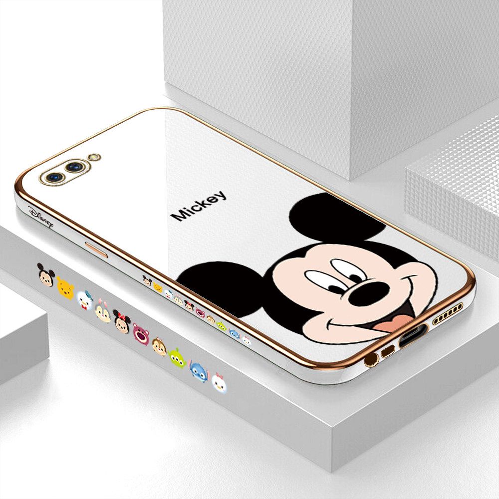 Luxury 6D Plating Soft Casing Silicone Square Frame Phone Case For OPPO A3S Case Shiny Bling Back Cover Cartoon Big Head Mouse Square Edge Pattern Design Soft Case + Free Lanyard
