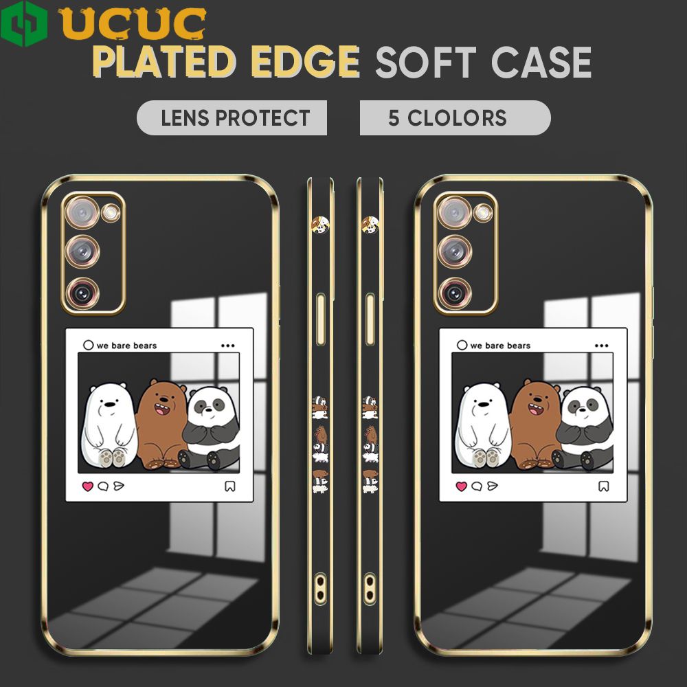 UCUC for Samsung Galaxy S20 FE Cover Bears Photo Luxury 6D Plating Soft Casing Silicone Square Frame Phone Case Shiny Bling Back Cover + Free Lanyard