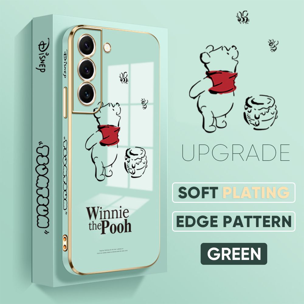 Jizetin (Free Lanyard) Samsung Galaxy S22 5G Back Cover Honeypot Pooh Luxury 6D Plating Case Side Pattern Soft Silicone Square Mobile Phone Cases