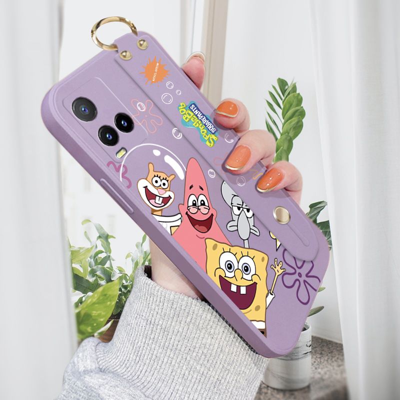 ZeroQiQi for Vivo Y21S Wrist Strap Case Cute Cute Funny Cartoon Sponge for Square Pants Cover Square Edge Liquid Silicone Anti-drop Phone Case